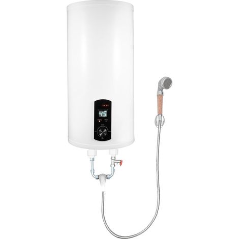 HAUTOUR Chauffe-eau électrique - 50L - 220 V - 2000 W - Montage mural vertical - Avec indicateur de température LED - Accessoires complets douche inclus - Pour salle de bain, cuisine, salon de coiffur