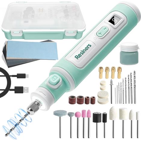 Kit d'outils rotatifs sans fil,ensemble de perçage et polissage en résine,réglable sur 5 vitesses,kit électrique fabrication bijoux 54 pièces pour percer,polir,poncer meuler - (1/5)