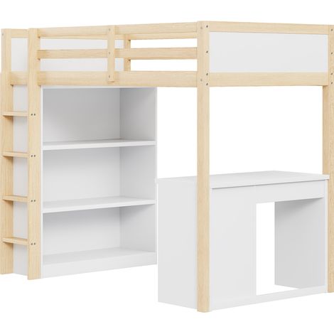 Cama alta (205x102.5x180 cm), con escritorio integrado y armario de almacenaje, madera maciza, color natural (1/5)
