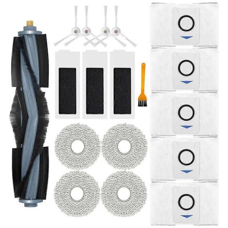 Accessoires de rechange pour aspirateur robot Ecovacs Deebot T20 Omni : brosse principale, filtre HEPA, lingette de nettoyage et sacs à poussière.
