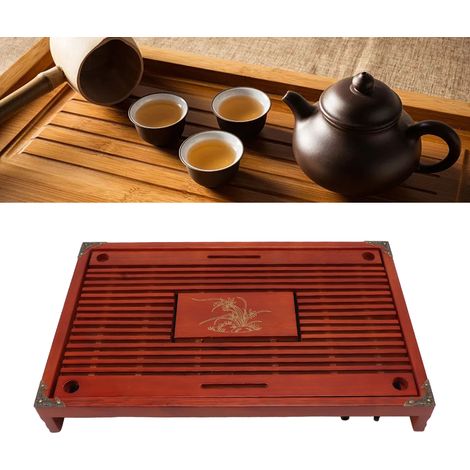 Kung-Fu-Teetablett mit Pipette, Tee-Serviertablett, Teetisch aus Massivholz, Duft nach dunkelroter Orchidee, mit Abfluss- und Wasserrückhaltesystem, dunkelrot. (1/5)