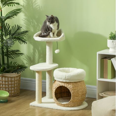 Árbol para gatos 79 cm con nicho, cama, bolas de juego y postes de sisal, blanco crema OKMYHOME (1/5)
