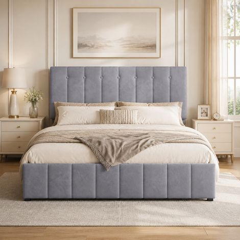 Lit coffre 140x200 avec tête de lit réglable, velours gris HAVRYA (1/5)