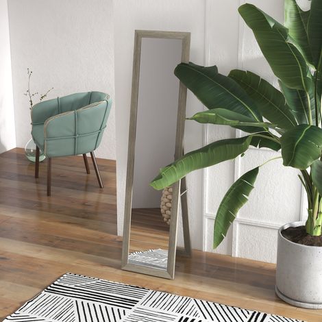 Specchio da Terra Moderno a Figura Intera con Cornice e Supporto, in Legno e Vetro, 37x40x155 cm, Grigio