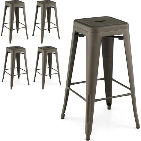 COSTWAY Tabouret de Bar Empilable Lot de 4, Chaise de Bar en Métal Industriel avec Repose-Pied, Hauteur 76 CM, Aucun Assemblage, Charge 150kg, pour Salle à Manger, Cuisine, Bistro (Gris Industriel) (1/5)