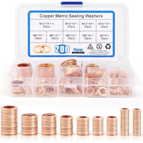 200 Pcs Rondelles Metal Joint Cuivre Vidange Rondelles pour Gonds de Porte Rondelles Plates Joints Bague D'étanchéité Rondelle Cuivre Joint Vidange Assortiment Kit 9 Tailles - M5M6M8M10M12M14 (1/5)