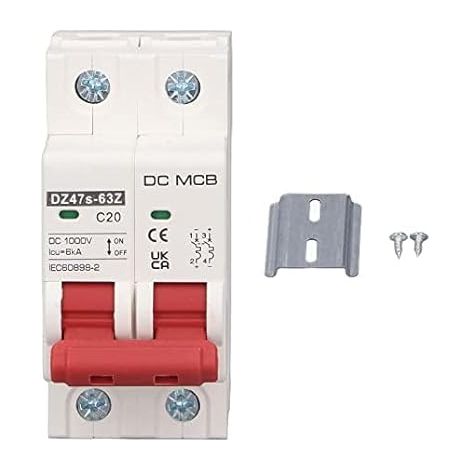 DZ47S-63Z-2P, 1000V 20A, Sectionneur DC solaire avec rail DIN, Disjoncteur miniature, 2P, Puissance de commutation 6000A, 20A, Boîtier Pa66, Disjoncteur photovoltaïque DC1000V (1/5)