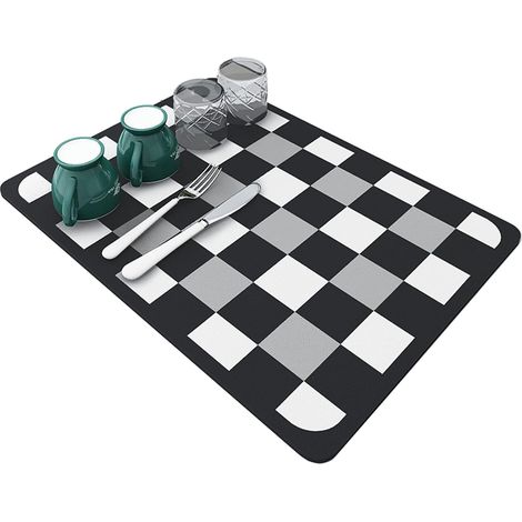 Dish Drainer Mat, Super Absorbent Dish Drying Mat for Cafe Bar Kitchen Restaurant Countertops 3040CM (Black and White Plaid) (1/5)