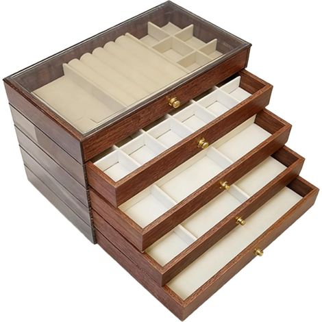 Wooden Jewelry Box for Women, Large 5-Layer Jewelry Organizer with 5 Drawers, Vintage Storage Box for Watches, Rings, Earrings, Necklaces, Bracelets, ( (1/5)