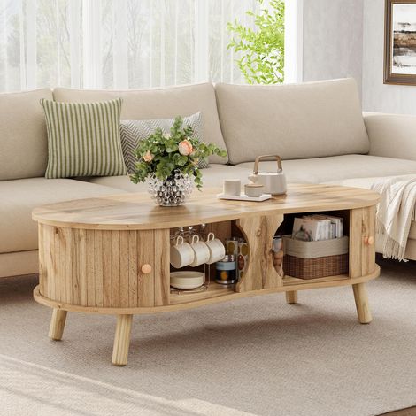 Table basse en forme de pois avec motif rainuré, 2 portes coulissantes, table de salon, aspect bois, pieds en bois massif, matériau MDF