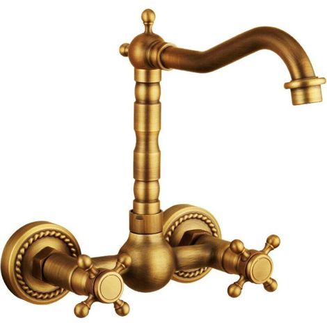 Robinet de cuisine mural vintage pivotant 360° Robinet pour cuisine mural double classique en laiton levier chaud et froid renforcé - Haut (1/5)