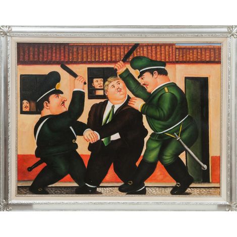 Huile sur toile avec cadre en bois peint à la main, finition feuille dargent GUARDIE BOTERO 140