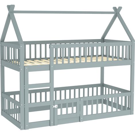 Letto a castello per bambini 90 x 200 cm con scala e tetto, grigio, struttura in legno (1/5)