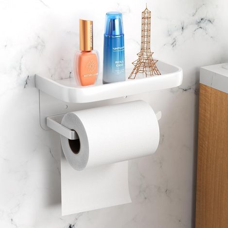 Porte-Papier Toilette sans Perçage en Aluminium, Porte-Rouleau avec étagères Spacieuses, Support de Papier Toilette Auto-adhésif, Porte-Papier Mural pour Salle de Bain, Cuisine (Blanc) (1/5)