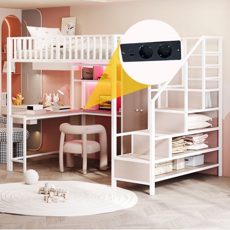 Letto a Soppalco 140x200 cm con Struttura in Metallo con Scrivania e Contenitori Bianco (1/5)