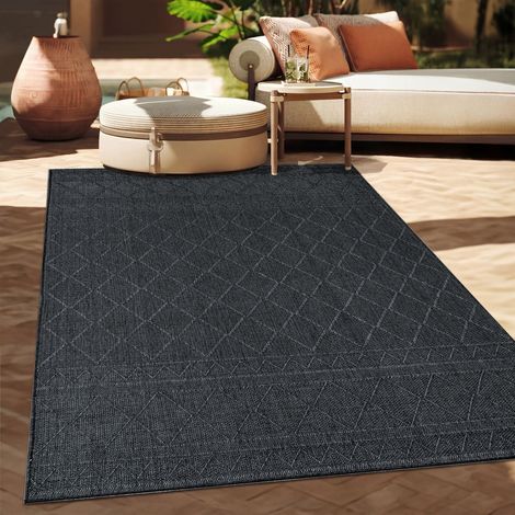 Paco Home Outdoor Teppich Flachgewebe modern Boho Ethno wetterfest Außenbereich 80x250 cm, Anthrazit 2