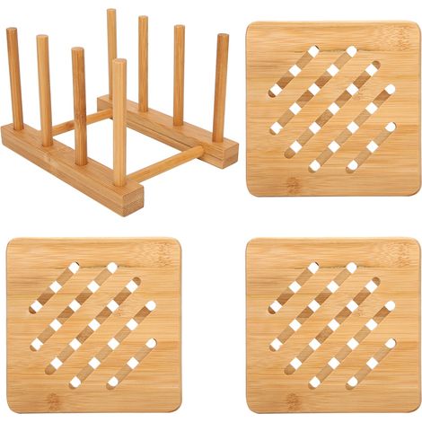 Multifunktionales Bambus-Ablageregal für Schüsseln und Teller mit Isoliermatte und Untersetzer – Quadratisches Küchenaccessoire