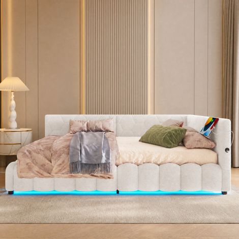 Sofá cama 140x200 cm con almacenaje hidráulico, LED multicolor, USB y USB-C, tapizado en tela, con somier y diseño geométrico, blanco para dormitorio moderno - CHICFURN (1/5)
