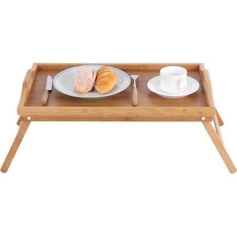 1 plateau de lit en bambou, pliable avec pieds réglables, multifonctionnel pour petit-déjeuner au lit ou bureau à domicile
