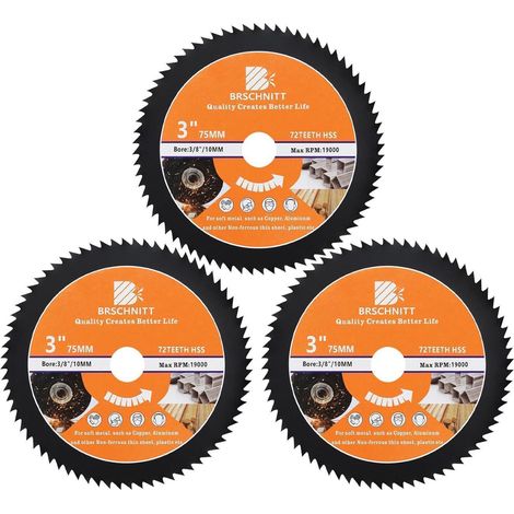 Kreissägeblatt 75mm 72 Zähne HSS 10mm Bohrung für Holz, Metall, Kunststoff (3er-Set) (1/5)