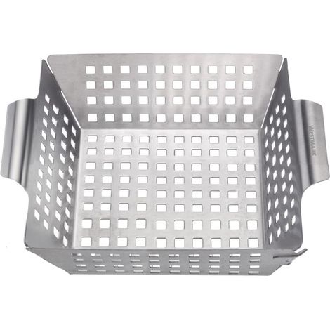 1 Panier à barbecue, perforé pour chaleur directe, acier inoxydable, poignées latérales, idéal fête de jardin