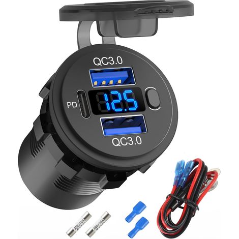 Prise USB 12 Volts Double Port QC 3.0 et Prise Chargeur USB C PD3.0 pour Voiture, Kit de Remplacement de Prise Allume-Cigarette 12V étanche avec Voltmètre et Interrupteur pour Voiture, Bateau, Camion (1/5)