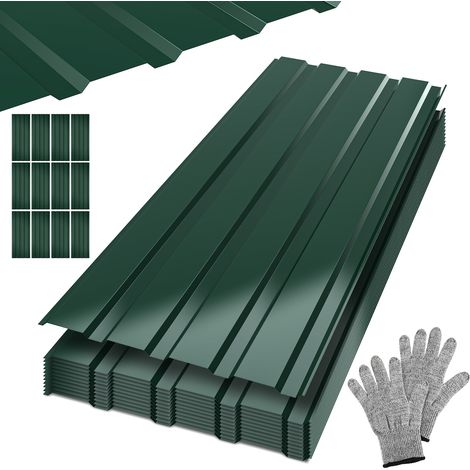 Randaco 24 plaques de toiture profilées 129 x 46 cm, vert, pour abri de jardin, carport et remise, avec gants anti-coupure (1/5)
