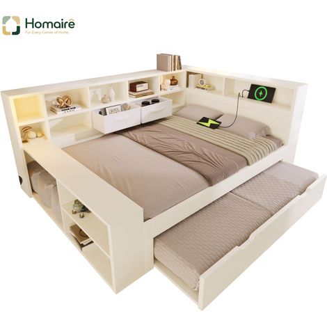 Bettgestell Weiß und Polyester 244 x 166 x 90 cm aus Holz mit Stauraum HOMAIRE (1/5)