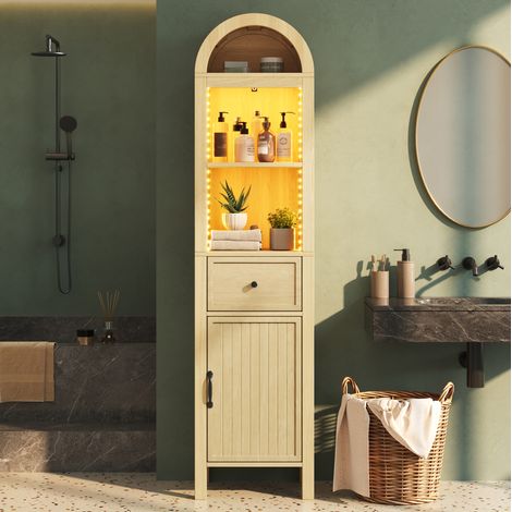 Armario alto de baño 40x30x163 cm con LED RGB, puerta reversible, cajón, MDF natural (1/5)