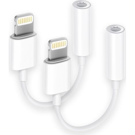 Lot de 2 adaptateurs Lightning vers jack casque 3,5 mm, adaptateur auxiliaire pour Adapté à iPhone, convertisseur audio compatible avec Adapté à iPhone 14, 13, 12, 11, X, XS, 8, 7 (1/5)