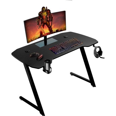 Bureau Gamer pour Ordinateur avec Porte Verre et Crochet pour Casque, Table de Jeu pour PC Ergonomique en MDF et Acier, Bureau Support pour Moniteur (1/5)