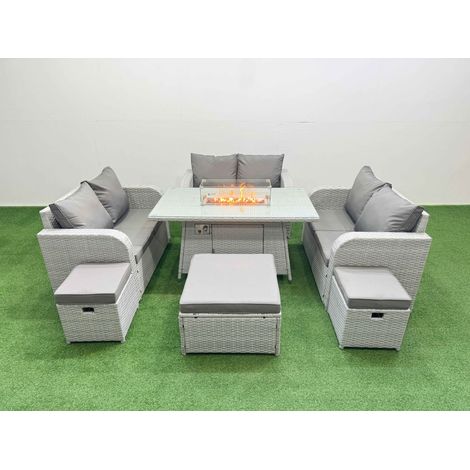 Fimous  9 Seater PE Wicker Rattan Furniture Sofa Sets with Firepit Dining Table 2 Seater Love Sofa 3 Stool Light Grey (1/4)
