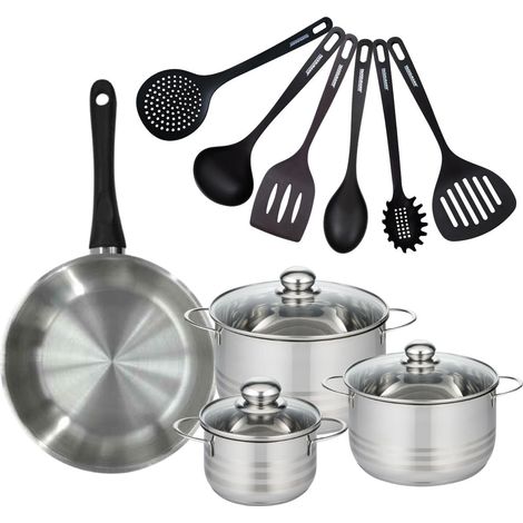 Set de 1 poêle 28 cm en inox, 3 faitouts 16, 20 et 24 cm et 6 ustensiles RPET Fackelmann Geneva (1/5)