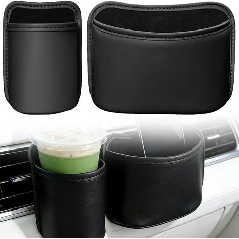 2 Pièces Porte Gobelet Voiture à Clip avec Protection en Cuir, Porte Gobelet pour Le Siège Arrière, Organisateur Voiture Résistant aux Rayures pour Mobiles Clés Gobelets etc (Noir) (1/5)