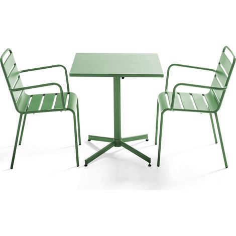 Ensemble table de jardin carrée et 2 fauteuils métal vert cactus - Palavas (1/5)