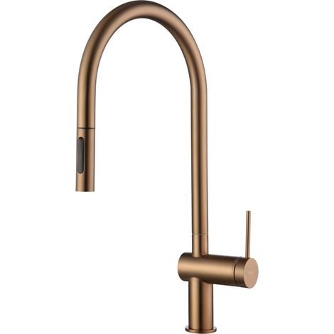 IMEX Grifo de cocina monomando con cuerpo en latón y acero acabado oro rosa cepillado cartucho 35 mm apertura en frío doble chorro incluye tubos flexibles 50 cm modelo Berna