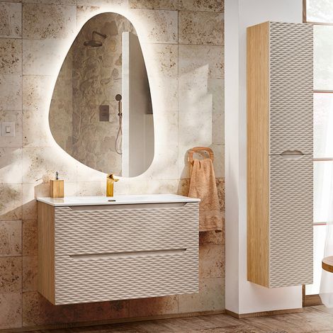 Waschtisch und Hängesäule 90cm Elora mit 2 Schubladen, Beige und Holzoptik (1/5)