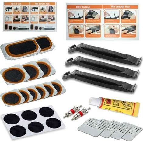 Kit de réparation de pneus de vélo 28 pièces pour vélos de route, VTT et vélos urbains, comprenant rustines, colle et outils - ULISEM (1/5)