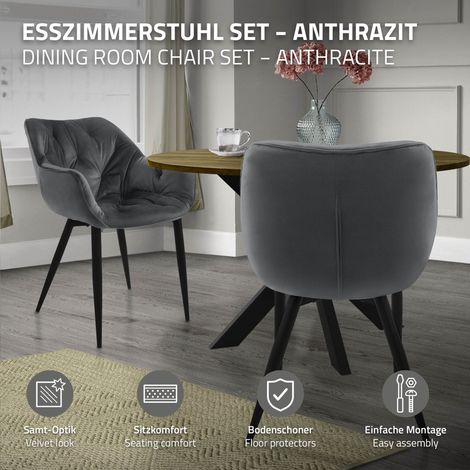 ML-Design Esszimmerstühle 6er Set Anthrazit, Küchenstuhl mit dickem Samtstoff gepolsterter Sitz, Metallbeinen, Wohnzimmerstuhl mit Rücken- und Armlehnen, Gesteppter Polsterstuhl, Ergonomischer Sessel