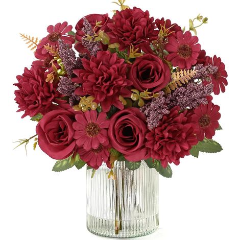 Artificielles Fleurs 4 Faux Soie Bouquet de Fleurs Rose Marguerite pour Fête de Mariage,Centre de Table, Décoration d'Intérieur (Bourgogne, 2PCS) (1/5)