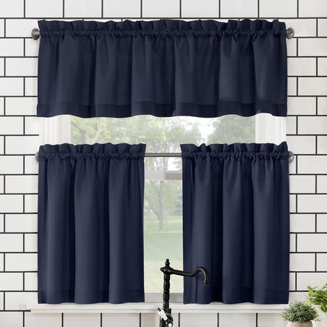 Ensemble de rideaux de cuisine, semi transparents, en polyester, 137 x 91 cm, bleu marine (1/5)