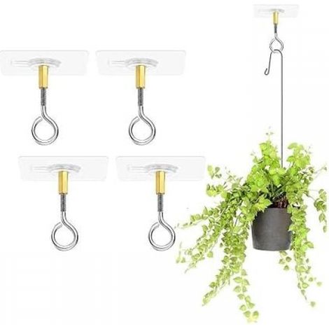 Lot de 4 crochets de plafond autocollants, sans perçage, pour suspendre des plantes, avec crochets de plafond en acier inoxydable, crochets de plafond autocollants, peut supporter 5 kg (1/4)