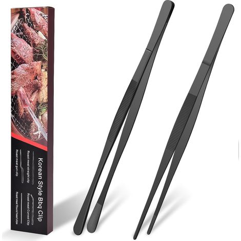 Stainless Steel Kitchen Tongs, 2 Pieces Kitchen Tongs, Barbecue Tongs Kitchen Utensils, for Kitchen, Baking, Barbecue, Seafood, 25 cm, Black (1/5)