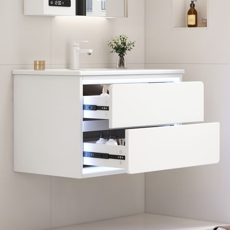 Meuble vasque suspendu blanc 76x46x48,5cm laqué, rangement 2 tiroirs à fermeture silencieuse, éclairage LED avec détecteur de mouvement radar, lavabo intégré
