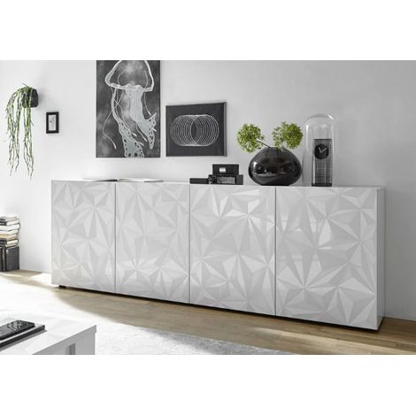 Buffet PRISMA 4 portes – Blanc laqué brillant – Design géométrique (1/5)