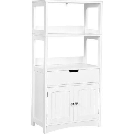 Meuble de salle de bain blanc en MDF avec tiroir et étagères, système anti-basculement pour salle de bain, cuisine et entrée (1/5)