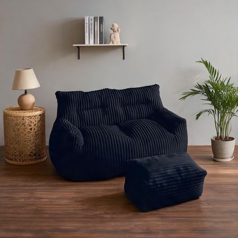 Fauteuil poire géant noir en tissu flanelle avec pouf assorti (1/5)