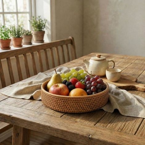 Panier Rond en Rotin - Organisateur Tressé Naturel pour Fruits et Aliments - Cuisine Salle à Manger - Grand 26 cm × 10 cm (1/5)