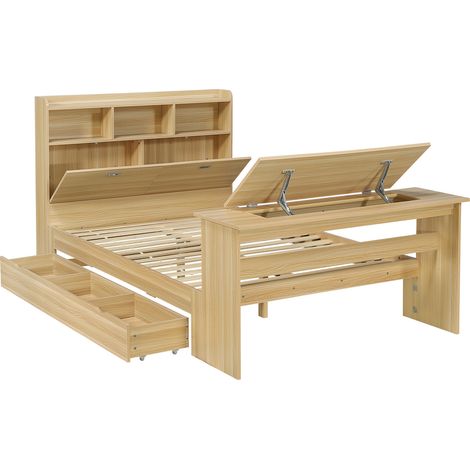 Cama infantil y juvenil 140 x 200 cm con almacenaje, mesa abatible y cajón, madera natural (1/5)