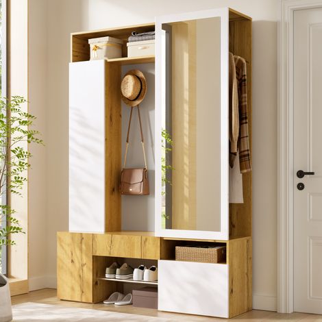 Garderoba ingresso 127x35x180.5 cm con specchio, scarpiera, asta appendiabiti, MDF, bianco e naturale (1/5)